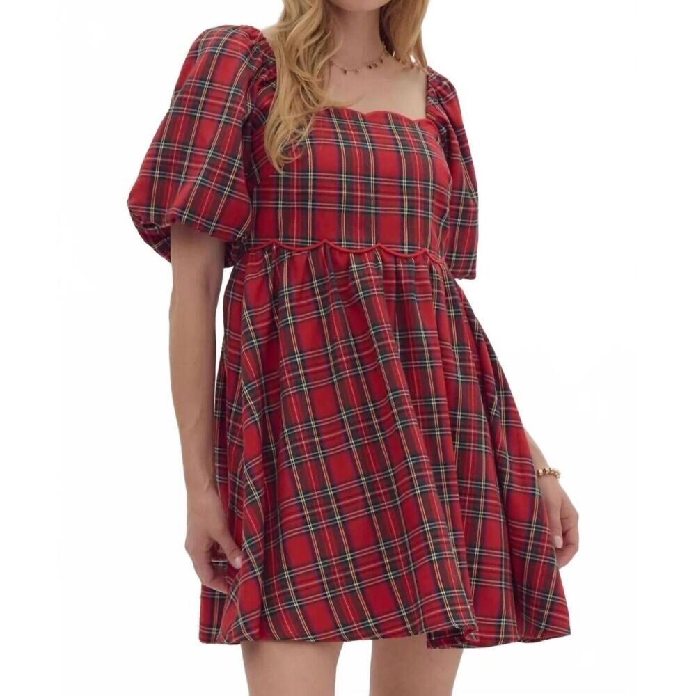 Entro Red Plaid Scalloped Mini Dress Size Small New Holiday Party Milkmaid